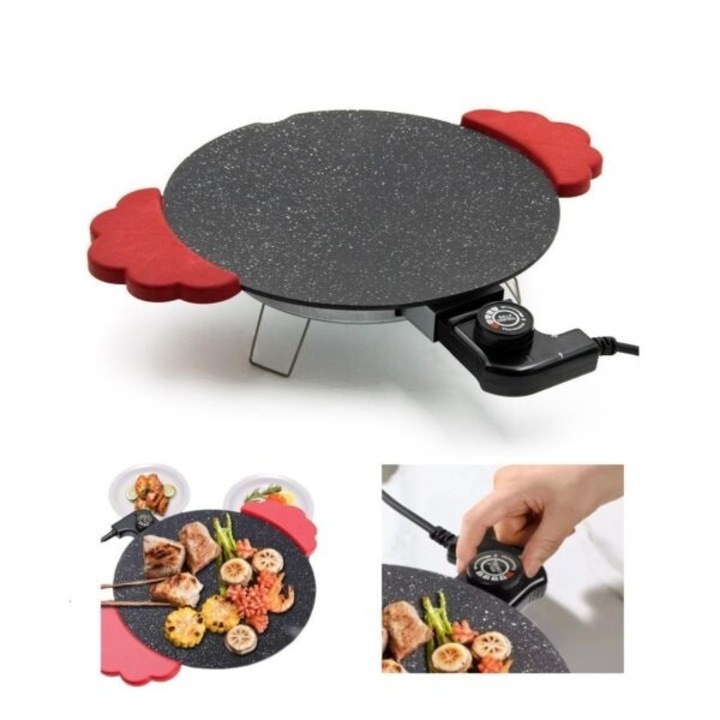 Gratar electric portabil de masa, cu suprafata de gatit antiaderenta si manere rezistente la caldura, putere 800 W, alimentare la retea, negru