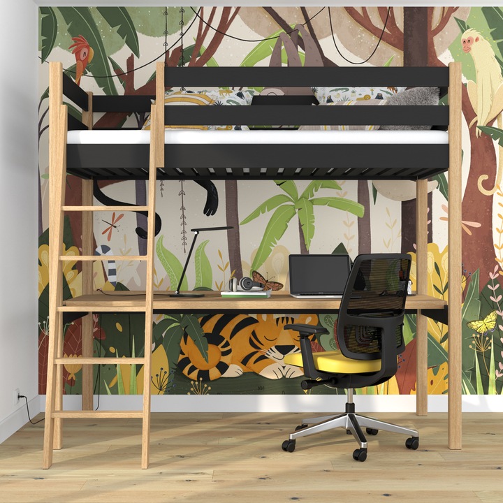 Дървено двуетажно легло с бюро N03, 120x180 см, 200 кг, естествен цвят, външни размери 188x128x195 см