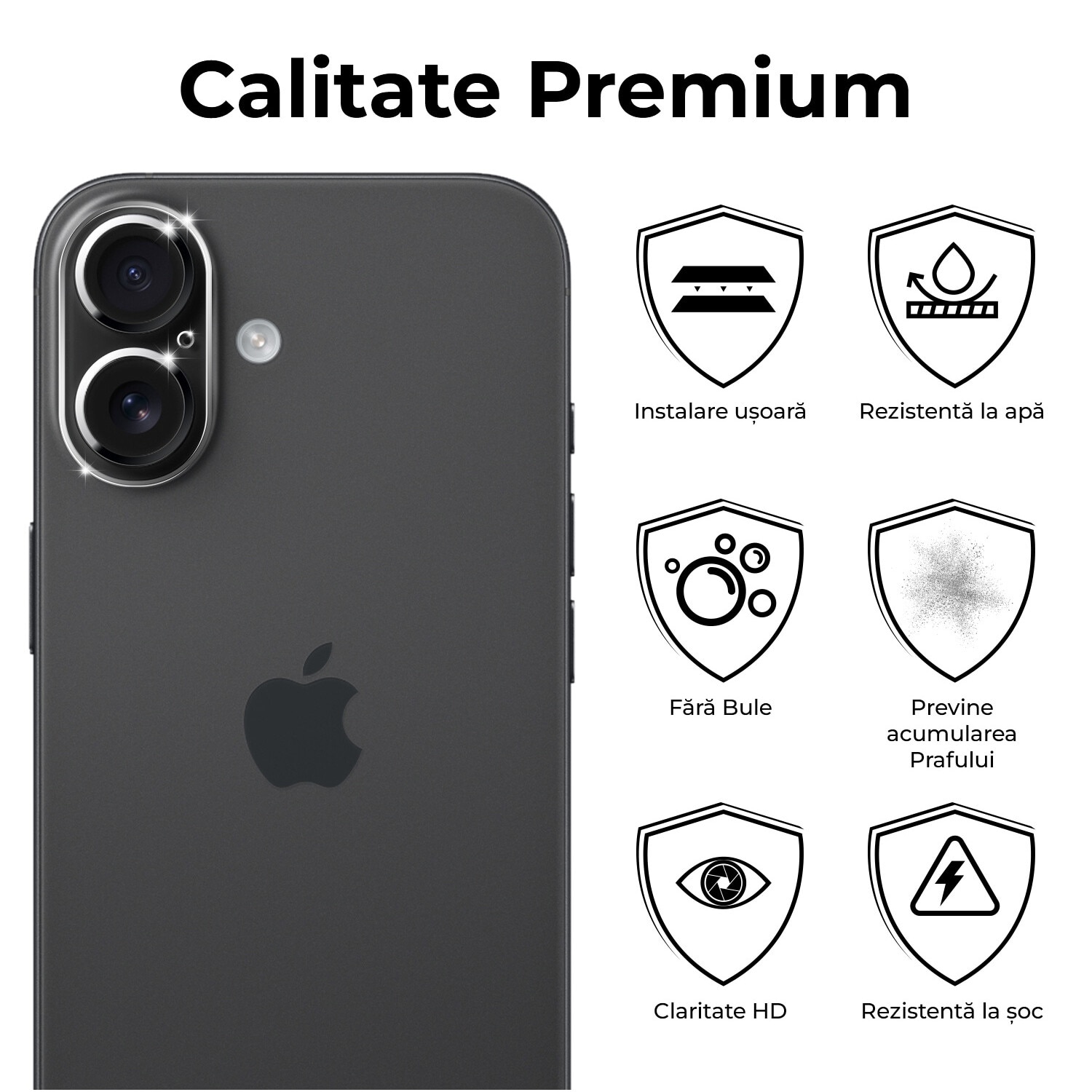 Set 2 Bucati, Folie Sticla Camera Dr.Shield, Compatibila Apple iPhone 16, Full Cover