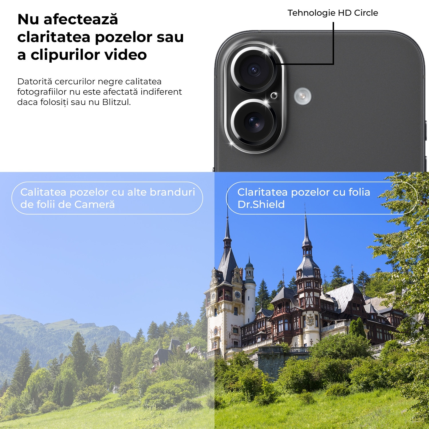 Set 2 Bucati, Folie Sticla Camera Dr.Shield, Compatibila Apple iPhone 16, Full Cover