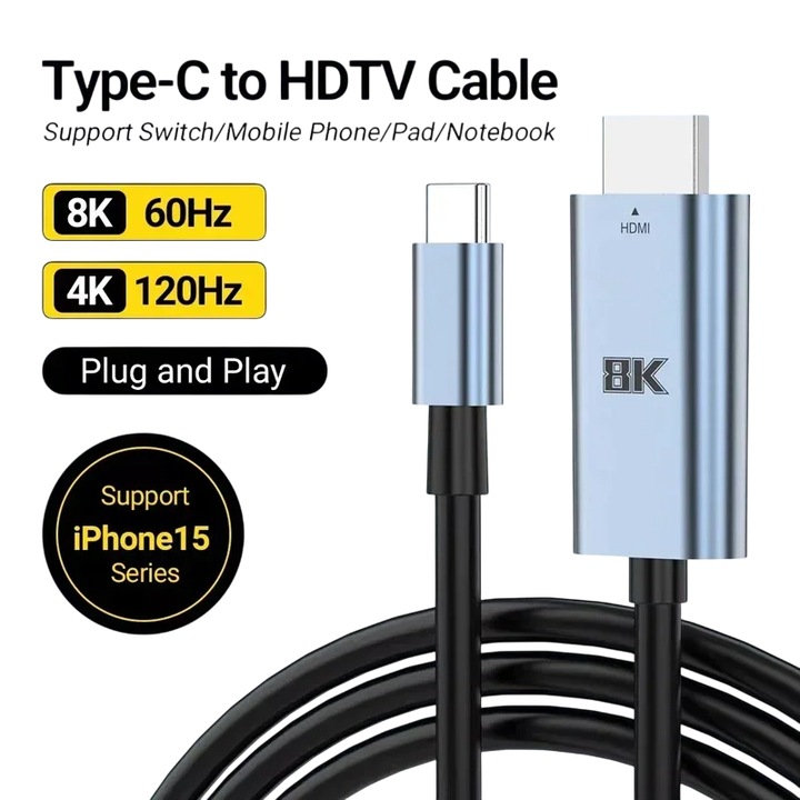 USBC към HDMI HDTV кабел Staryon, 8K 60Hz, 4K 120Hz, 200 cm, USB 3.1 Type-C Thunderbolt 3 към HDMI видео адаптер, черен