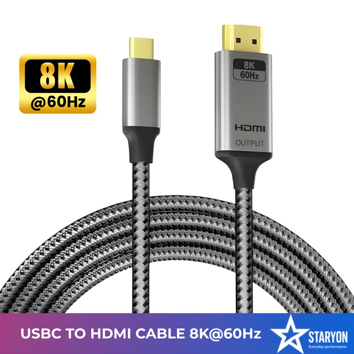 Cablu USBC la HDMI HDTV 8K 60Hz, 4K 120Hz, Lungime 200 cm, Adaptor Video Premium USB 3.1 Type-C Thunderbolt 3 la HDMI, HDR Dinamic, Plug&Play, Staryon®, Gri