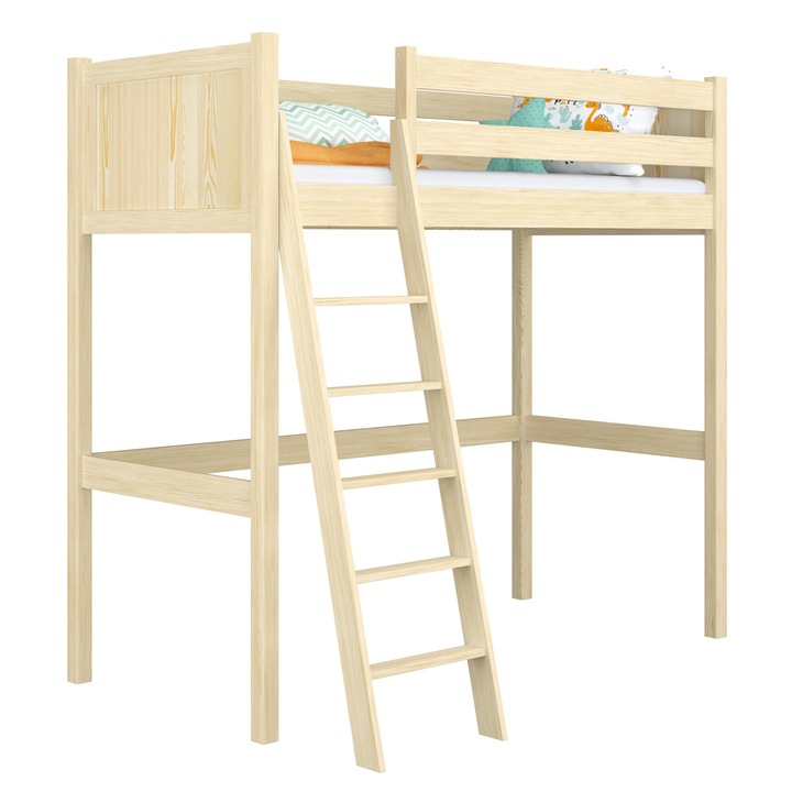 Дървено двуетажно легло N04, N-Wood, 90x190 см, 200 кг, с бюро, естествен