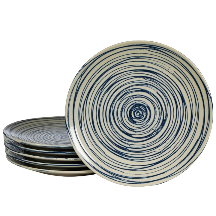 Set 6 farfurii desert, 20 cm, Maritim, Cesiro, Alb Ivoire cu cercuri albastre