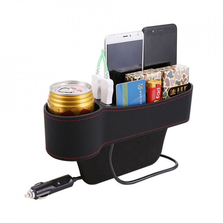 Suport Lateral HOZRO, pentru Scaun Auto cu Incarcare, Priza 12V si 2 Porturi USB, Culoare Neagra, Ideal pentru Calatorii