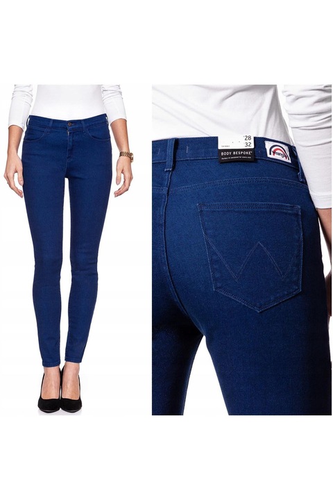 Blugi Dama, Wrangler, Skinny Cu Talie Inalta, W25-L32 US, Bumbac, Fermuar, Lungime, 78 Buzunare 2 Mari 2 Medii Externe 1 Mic Intern, Talie Inalta, Albastru