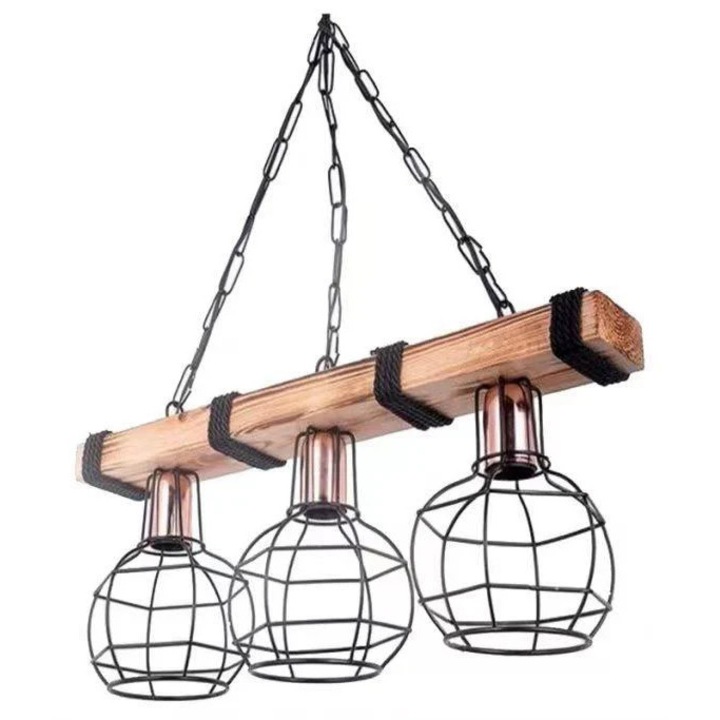 Pendul Rustic RFAN, Model 5719-3, 3 x E27, Inaltime Reglabila, Negru