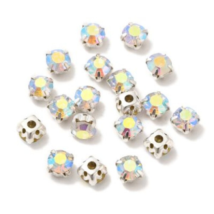 Strasuri de cusut - 1 set / 10 bucati - 6mm argintiu alb reflex AB pentru haine decorat cadru metalic argintiu