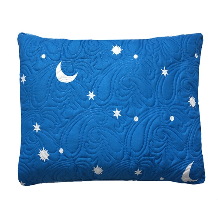 Антиалергична ватирана възглавница "Луна и звезди" Coneltex, размери 60 х 60 см, квадратна, антиалергичен пълнеж от силиконови влакна, син цвят