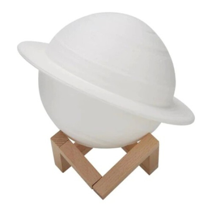 Lampa de veghe in forma de Saturn 3D Saturn Light, alimentare baterii, stand plastic inclus, 15 cm, toolsy, Alb Cald