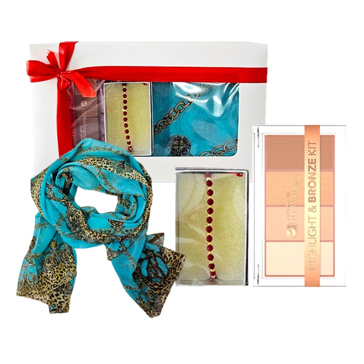 Set Lunaria esarfa, paleta Iluminator & Bronzer, bratara rosie