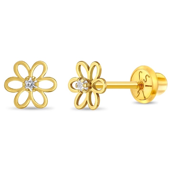 Cercei din Aur 14K pentru Bebelusi si Copii, model Floare cu Piatra CZ Alba, inchidere cu Filet si Protectie