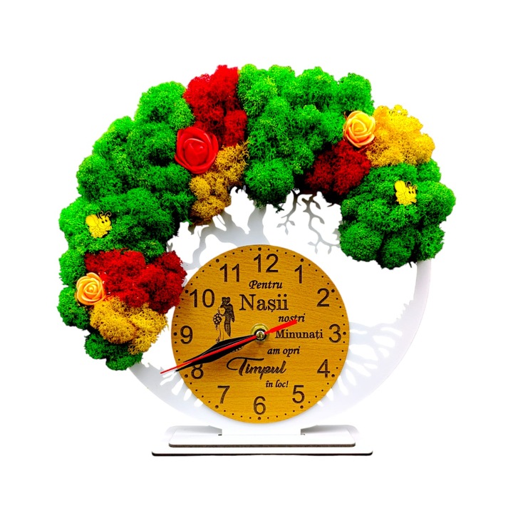Ceas decorativ copacul vietii decorat cu licheni, personalizat cu mesaj standard pentru "Nasii nostri minunati", alb, dimensiune 25cm