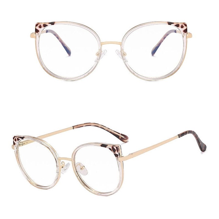 Ochelari de vedere pentru femei, opaci, cu filtru de lumina albastra, fara rame, transparenti cu aurii, set cu etui si servetel