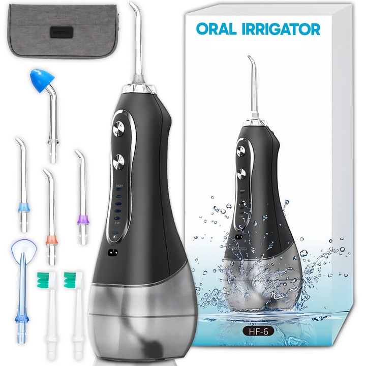 Hordozható szájzuhanyhoz, RETOO BeautyCare, nyomás 40-110 PSI, 1800 impulzus/perc, 5 program, 300 ml-es tartály, 8 cserélhető fúvóka, 2000 mAh-s akkumulátor, IPX7 vízvédelem, túlmelegedés elleni védelem, védőtok, fekete