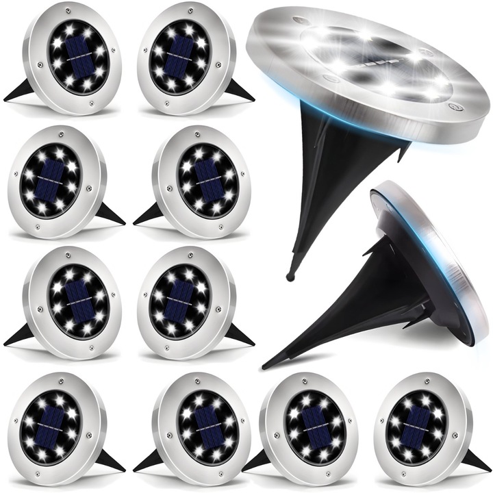 Комплект от 12 външни LED соларни лампи за градина, тераса и пътеки, RETOO GardenPro, точков тип от неръждаема стомана, с 8 светодиода, 600 mAh Ni-MH батерия и светлинен сензор, IP65 водоустойчив, монтаж на земята, студена бяла светлина, черно-сребристо
