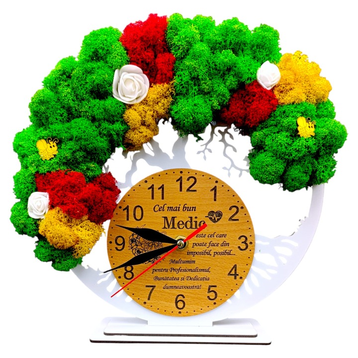 Ceas decorativ copacul vietii decorat cu licheni, personalizat cu mesaj standard pentru "Cel mai bun Medic", alb, dimensiune 25cm