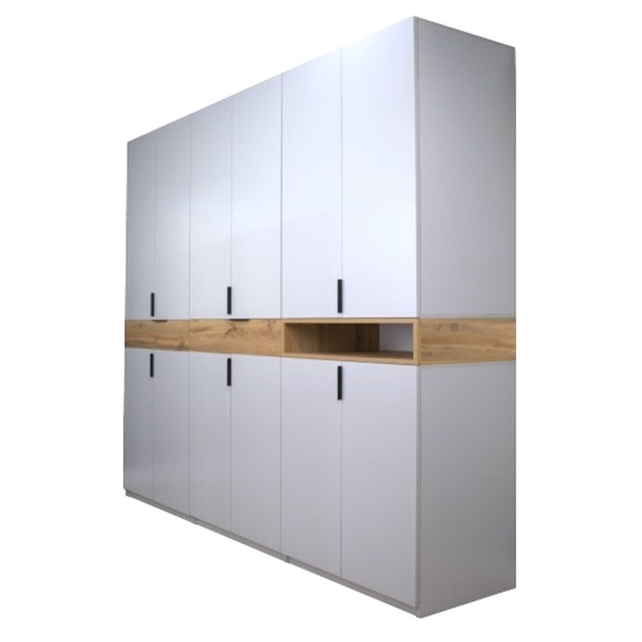 Dulap King 6ra Inalt, Alb / Stejar Gold, H 240 x L 240 x A 50 cm, 2 sertare si raft, Balamale Soft close cu amortizor si Glisiere Hafele, PAL 18 mm