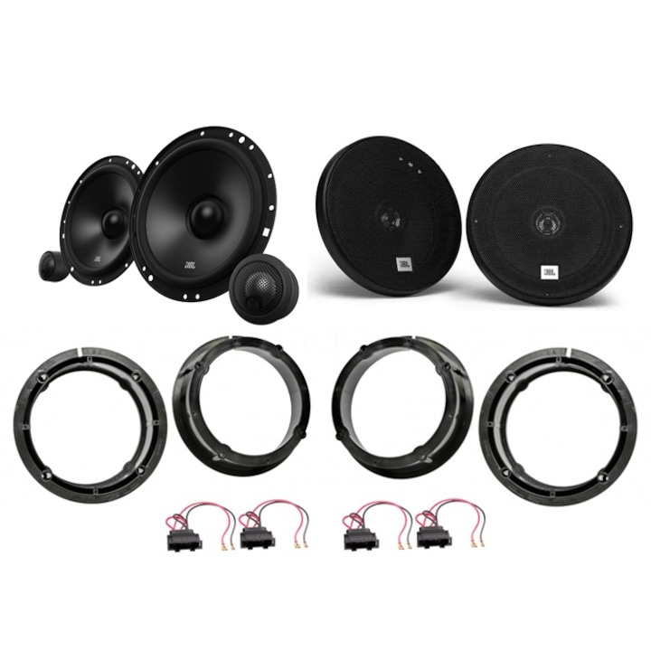 Пълен пакет, преден-заден, Volkswagen Passat B5, B5.5, Предни високоговорители Компоненти JBL Stage1 601C 200 W, Задни високоговорители JBL Stage1 621F 175 W, Адаптерни пръстени, Plug&Play щепсели