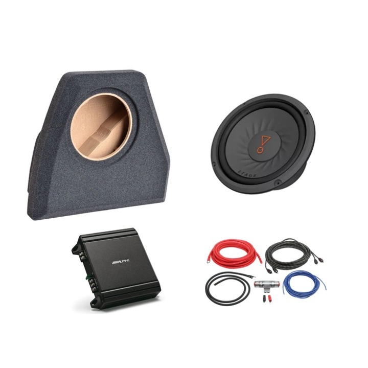 Пакет субуфер Volkswagen Golf V, JBL Stage 82 8′′ (20 см) 800W бас високоговорител, моно усилвател Alpine MRV-M250, специален високоговорител Golf V, комплект кабели LK-10