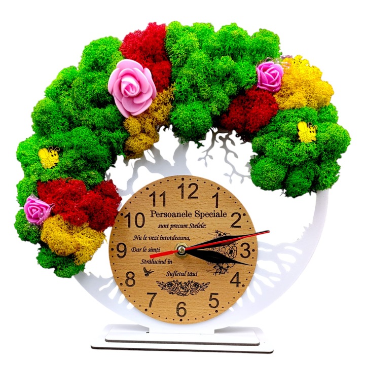 Ceas decorativ copacul vietii decorat cu licheni, personalizat cu mesaj standard pentru Persoanele Speciale, alb, dimensiune 25cm