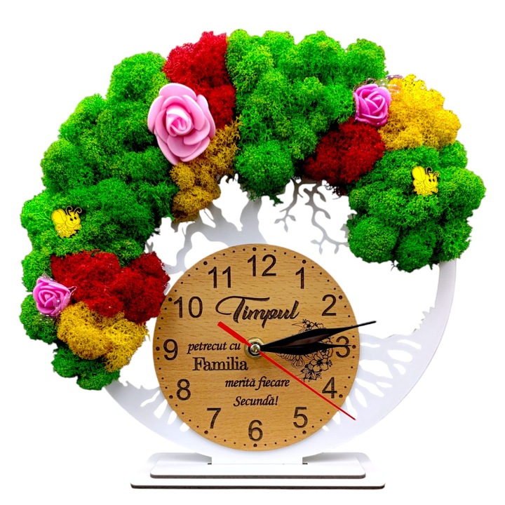 Ceas decorativ copacul vietii decorat cu licheni, personalizat cu mesaj standard pentru Familie, alb, dimensiune 25cm