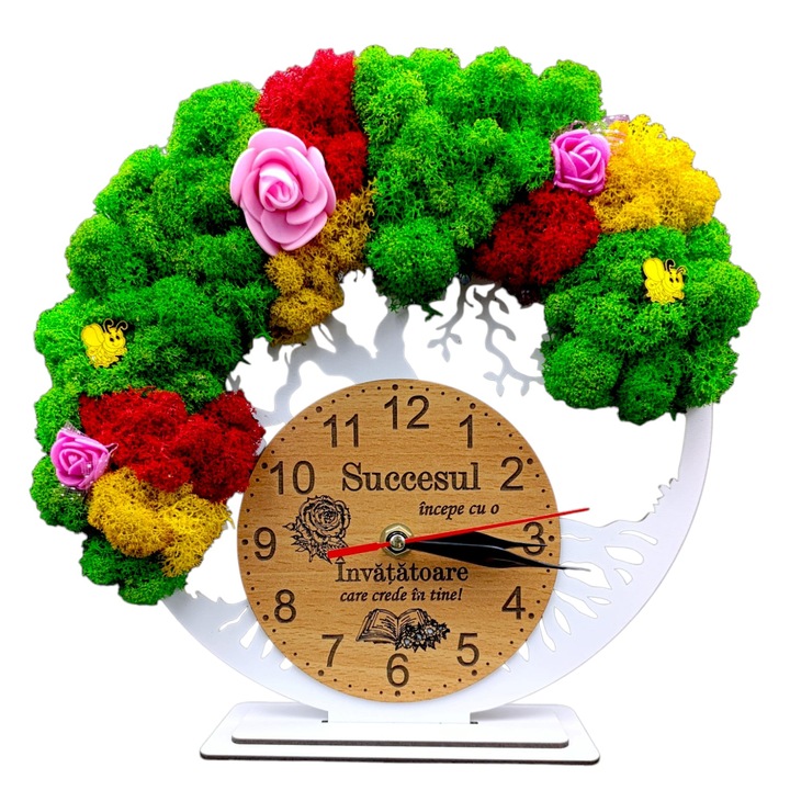 Ceas decorativ copacul vietii decorat cu licheni, personalizat cu mesaj standard pentru Invatatoare, alb, dimensiune 25cm
