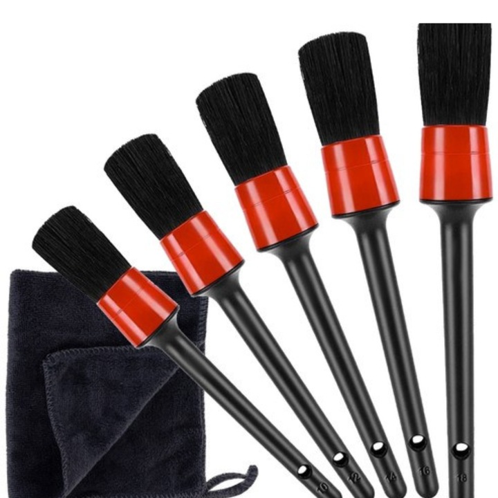 Set 5 perii profesionale pentru detailing VarioShop®, curatarea interioarelor auto, utilizare versatila, perii sintetici, carpa din microfibra, Negru