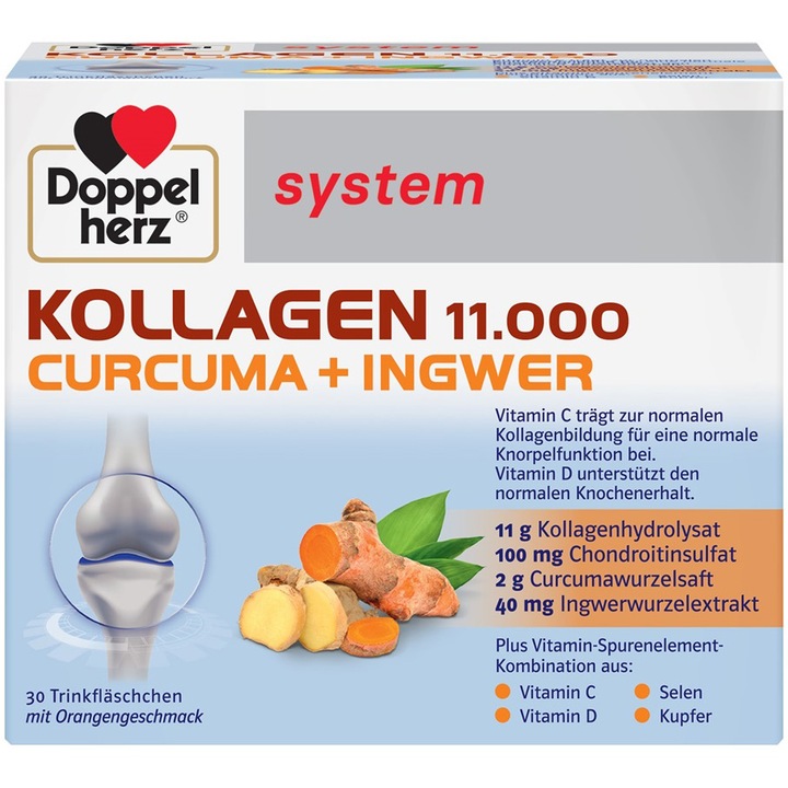 Colagen Doppelherz System Kollagen 11.000 Curcuma + Ghimbir, 30 flacoane buvabile