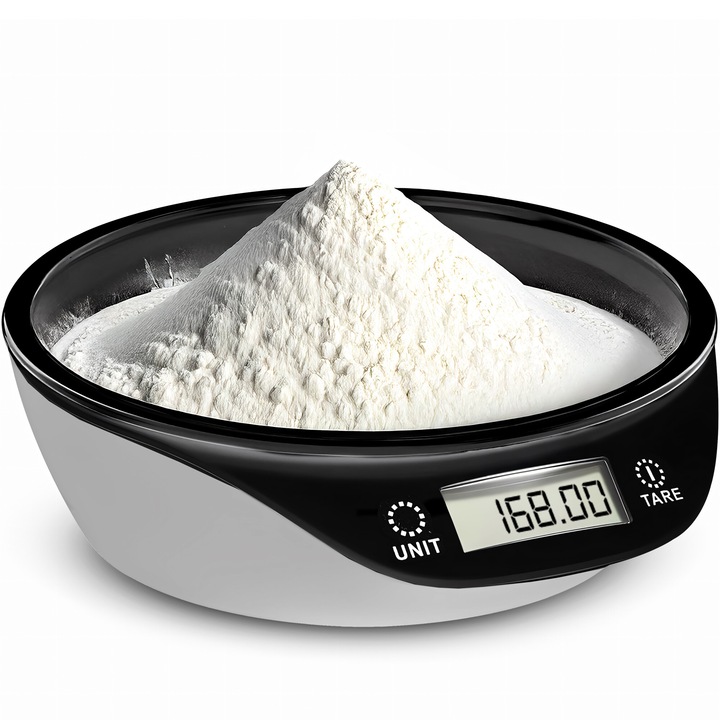 Кухненска везна RETOO, със 700 ml подвижна купа, LCD дисплей и неплъзгащи се крачета, функция за тара, максимален капацитет 5 kg, точност на измерване 1 g, включена батерия CR2032, черно-бяло