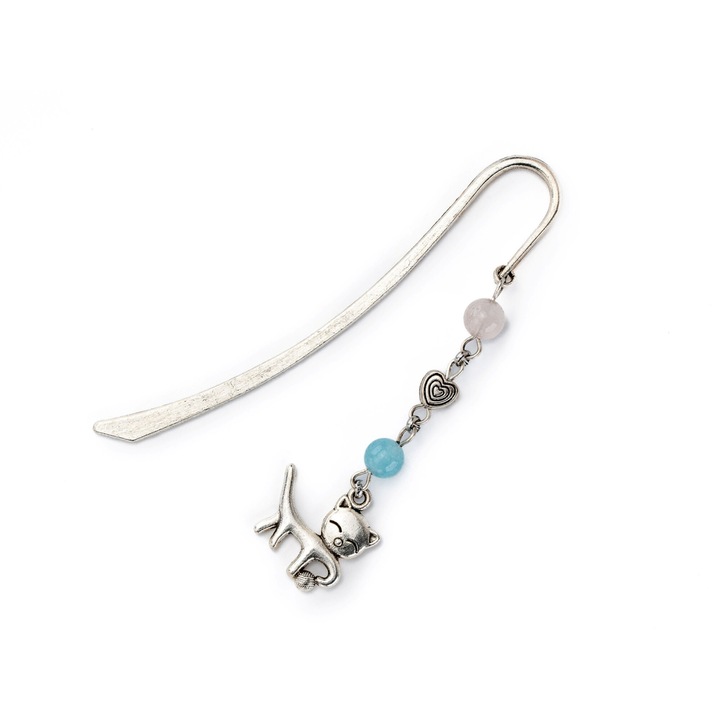 Semn de carte cu pisicuta, Dar cu dor, elemente metalice argintii si margele semipretioase