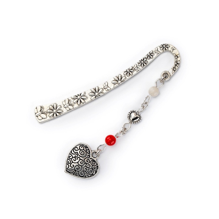 Semn de carte cu inima, Dar cu dor, elemente metalice argintii si margele semipretioase