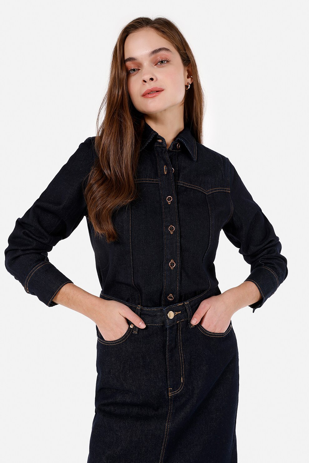 COLIN'S, Camasa din denim cu cusaturi contrastante, Negru, Galben, XS