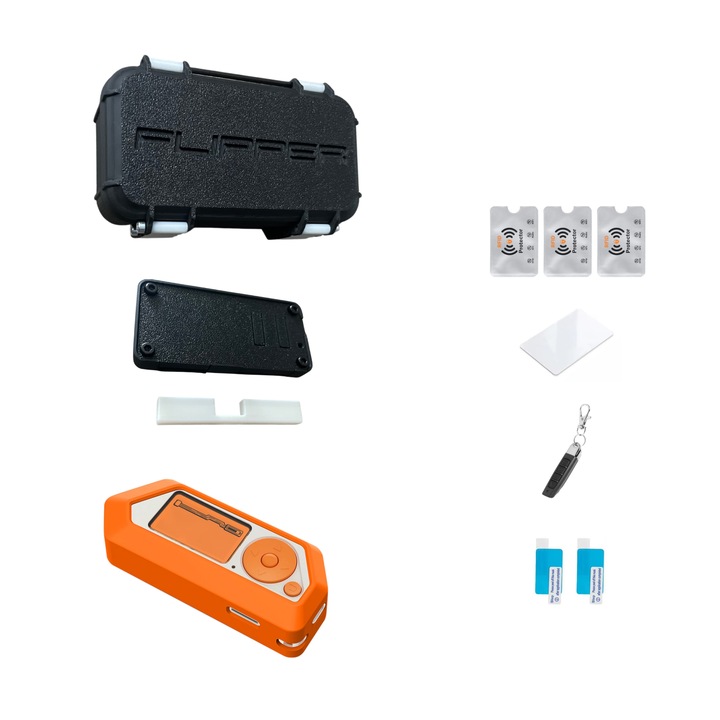 Set Accesorii pentru Flipper Zero-Husa Silicon Orange, Carcasa Transport Box V12, Carcasa Placa Wi-fi Neagra, 2 Folii Protectie Display, Telecomanda Programabila 433Mhz, Card RFID 13.56MHz Rewritable, 3 Protectii Rfid, UnderShop