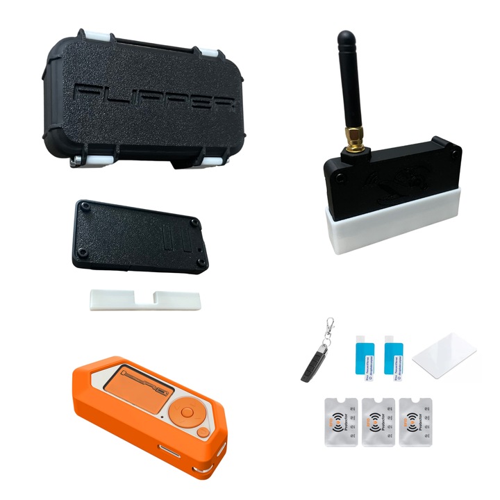Set Accesorii pentru Flipper Zero-Husa Silicon Orange, Carcasa Transport Box V12, Carcasa Placa Wi-fi Dev Neagra si Carcasa Placa Wi-fi, 2 Folii Protectie Display, Telecomanda Programabila 433Mhz, Card RFID 13.56MHz Rewritable, 3 Protectii Rfid, UnderShop