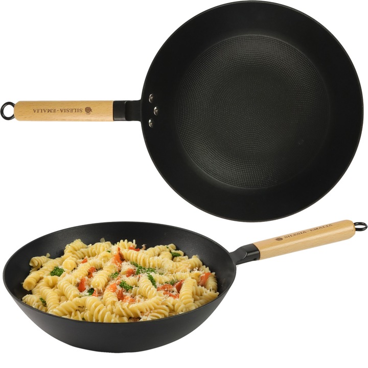 Wok, tigaie fonta cu maner lemn 30 cm, strat antiaderent, Silesia Emalia, Negru