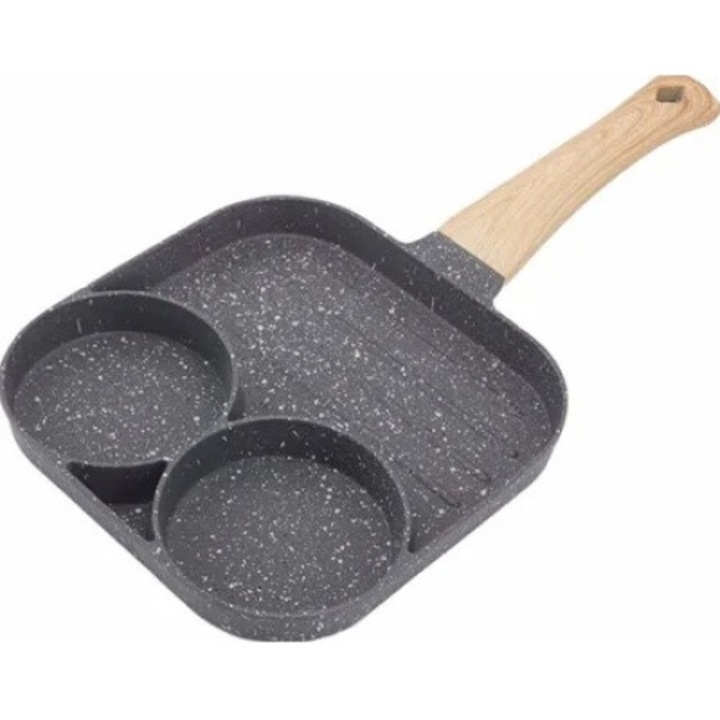 Tigaie Hozro, Antiaderenta cu 3 Compartimente, Maner din Lemn, 19 cm, Gri – Ideala pentru Gatit Practic si Sanatos