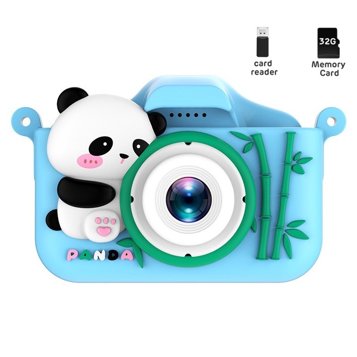 Детска камера, 1080P HD, 2.0 инча IPS екран, комплект с 32GB SD карта, панда дизайн, многоцветен