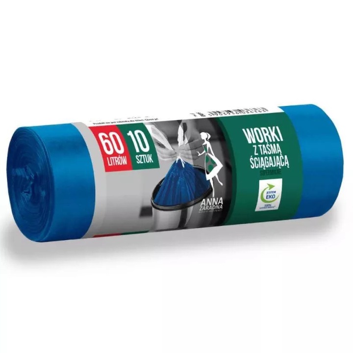 Торби за боклук, 60 л, 10 бр, с шнур, сини, ANA