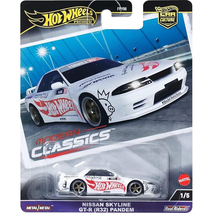 Количка Hot Wheels Premium Diecast Car, Car Culture, Nissan Skyline GT-R R32 Pandem, Modern Classics, 1/5, HRV68, 1:64, бял
