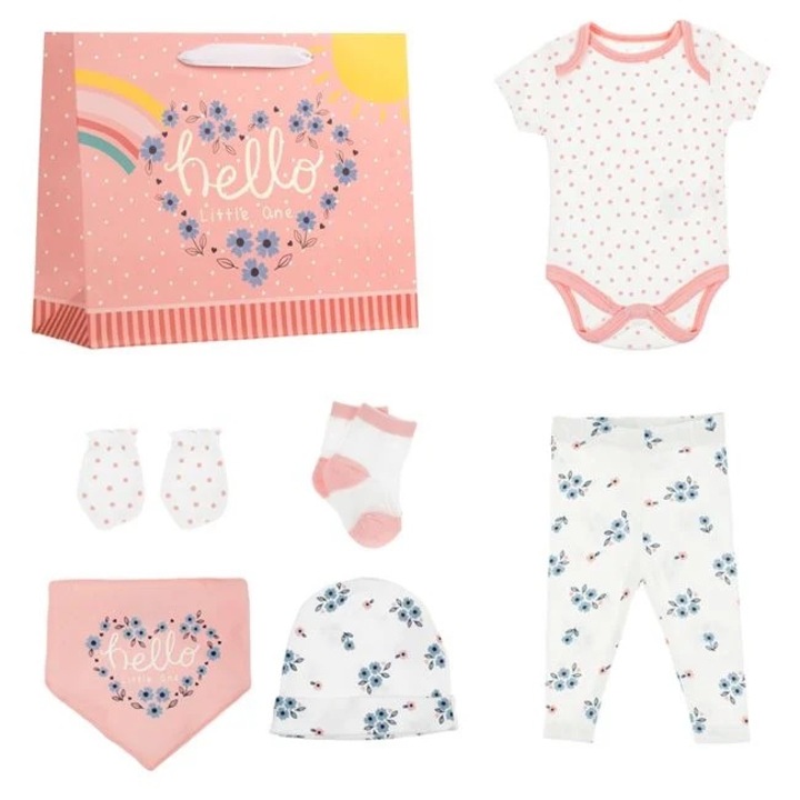 Розово бял памучен комплект на точки и цветя за новородено - 8 части