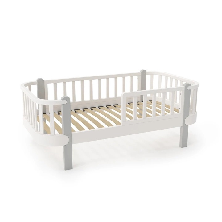 Детска дървена кошара, 160x80 см, Със защитна преграда, Буково дърво, Сиво, YappyKids, YappyEtude