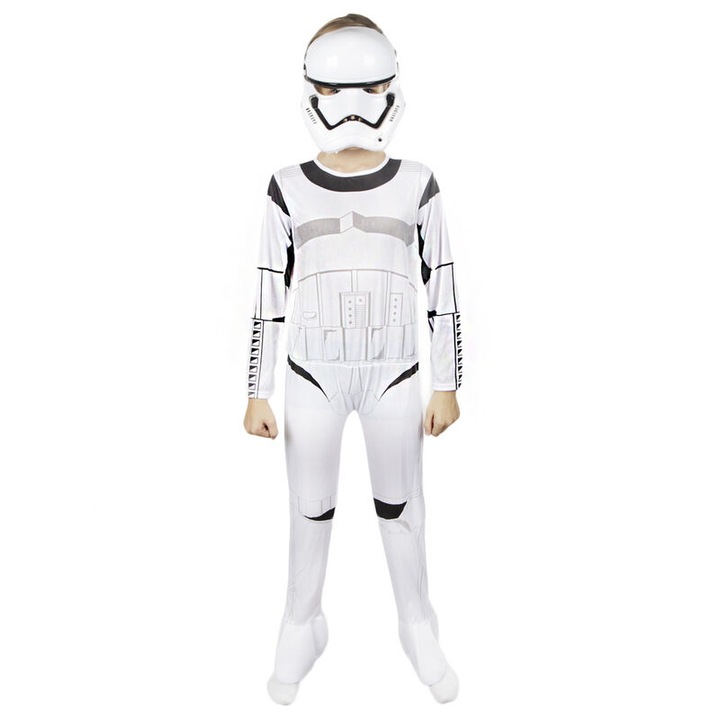 Costum carnaval baieti Clona Stormtrooper, alb, 5-6 ani, Funny Party Shop®