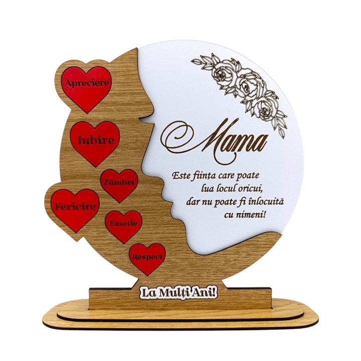 Decoratiune tablou, cadou personalizat cu mesaj standard pentru "Mama", dimensiune 25cm, alb si maro