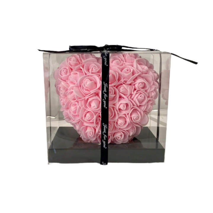 Inima cu trandafir etern in cutie decorativa - 15 cm - roz
