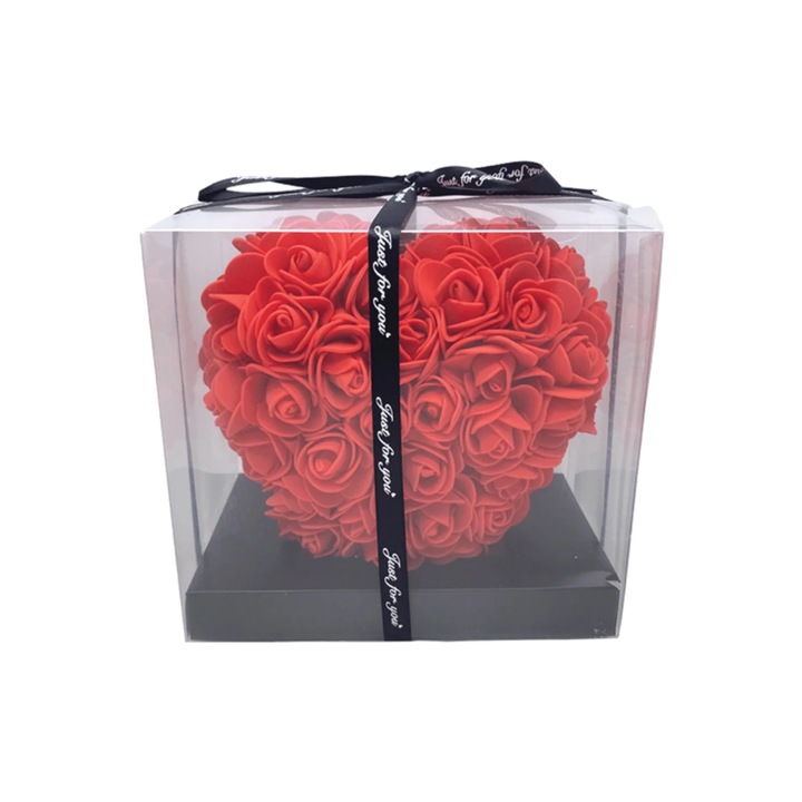 Inima cu trandafir etern in cutie decorativa - 15 cm - Rosu