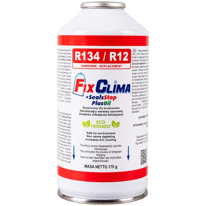 Kit de umplere aer conditionat, Fixclima, Sealsstop + Plusoil, 170g, benzina R134a + etansant + ulei, Multicolor, Setul include: benzina + etansant + ulei, Material: ecologic, Calitate inalta, Eficienta, Umplere usoara si rapida