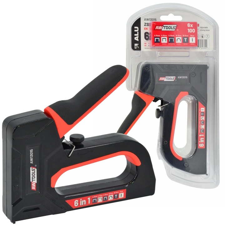 6 funkciós kárpittűző, AwTools, 4-14 mm, 6 darabos tűzőkapocs-készlet, 105x150 mm