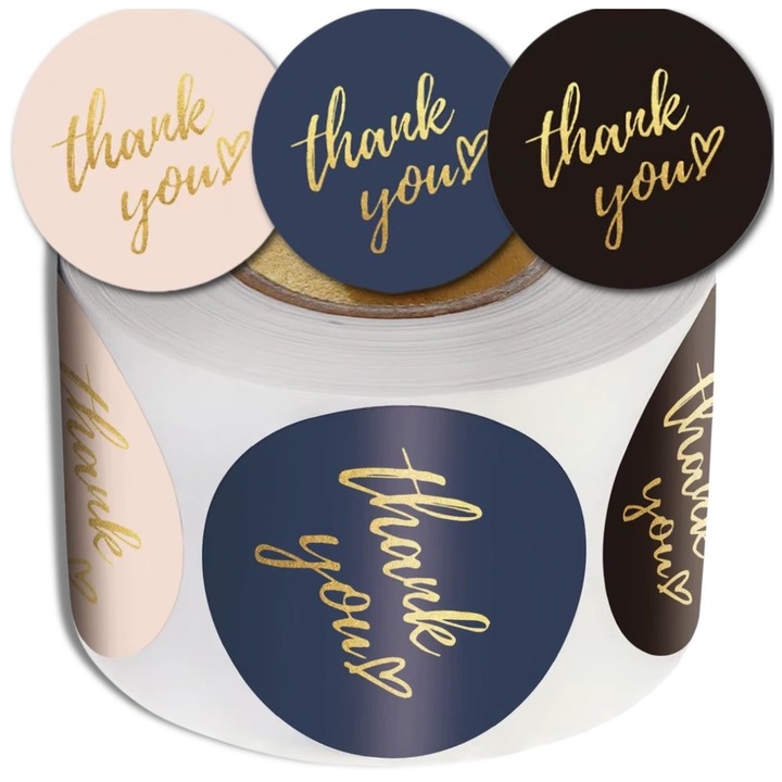 Edibazzar Pachet 500 Etichete Rotunde Autoadezive "Thank You", 2.5 cm, Solutia Ideala pentru Colete, Cadouri, Produse Handmade. Etichete Decorative Elegante pentru Ambalare, Afaceri Mici, Sigilare Premium. EAN: 5905884084809