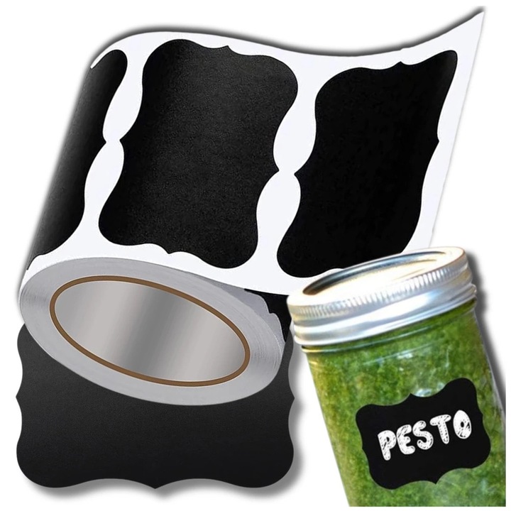 Set 120 Etichete Autoadezive Tablicabile Negre Reutilizabile Edibazzar pentru Borcane, Cuti, Organizare Bucatarie, Depozitare, Cu Creta Lichida, 5.5x3.5cm, Ecologice, Design Modern, Personalizabile, Multifunctionale, Durabile